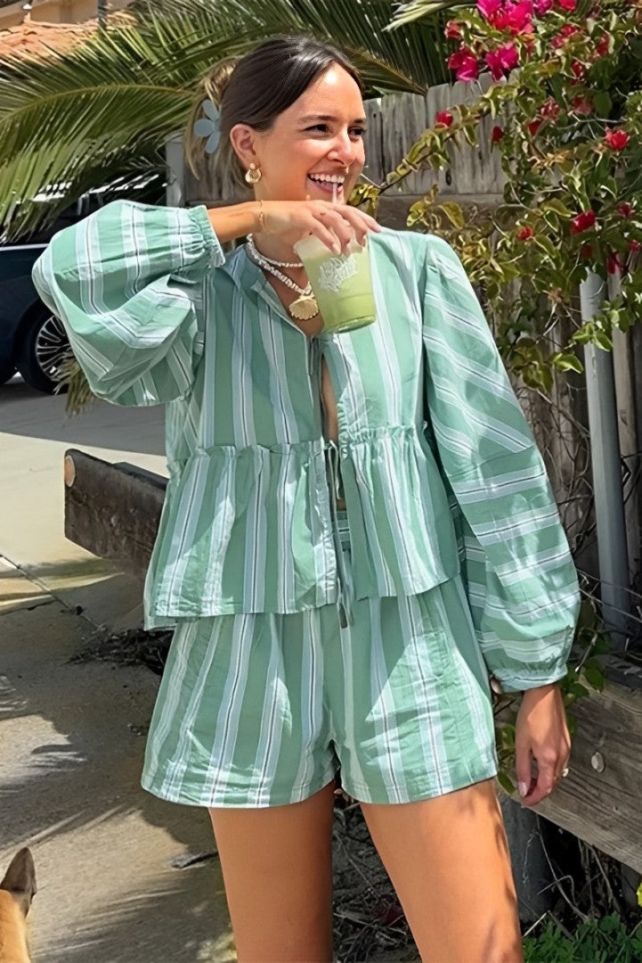 ランタンスリーブストライプシャツショーツセット