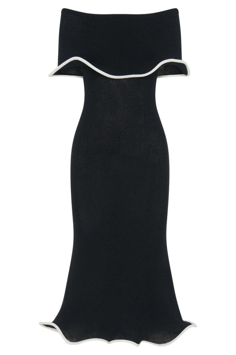 Off-The-Shoulder Contrast Ruffle Midi Dress