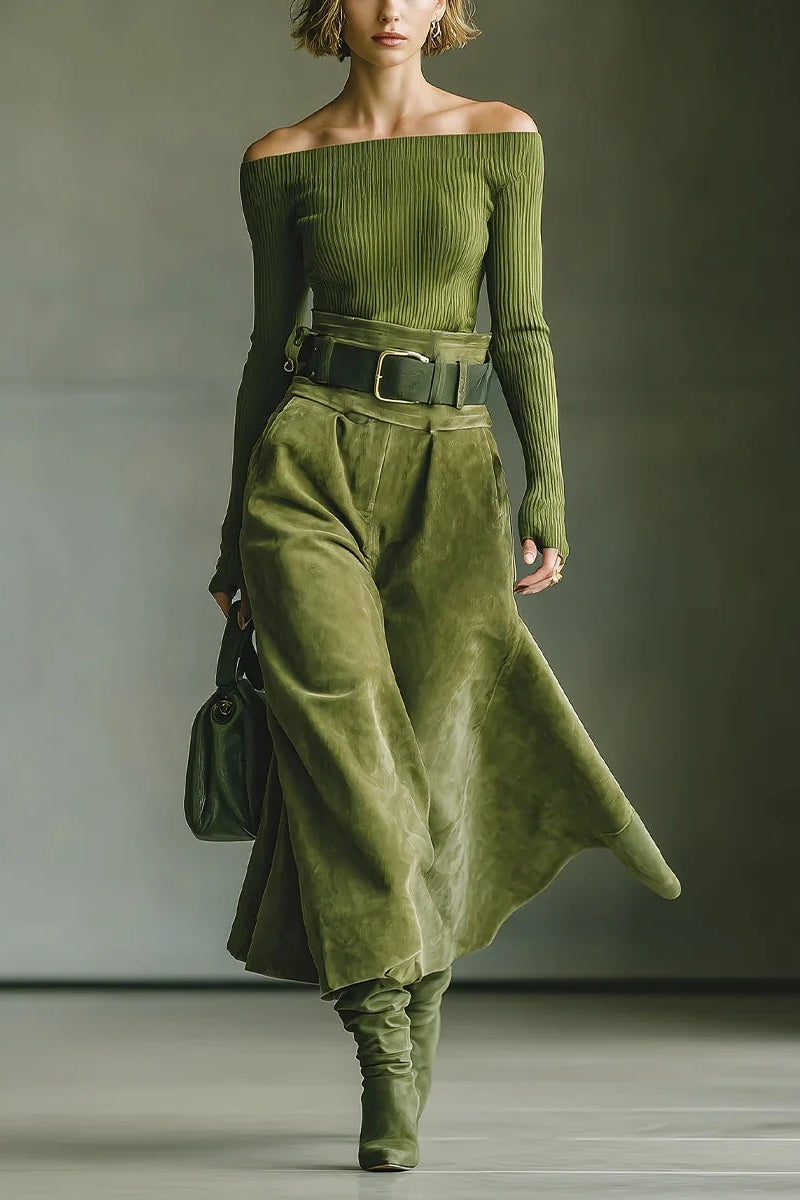 Olive green off-shoulder top and faux suede skirt set(Includes belt)