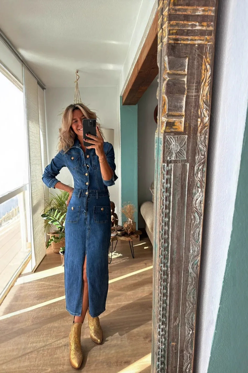 Solid-Color Denim Midi Dress