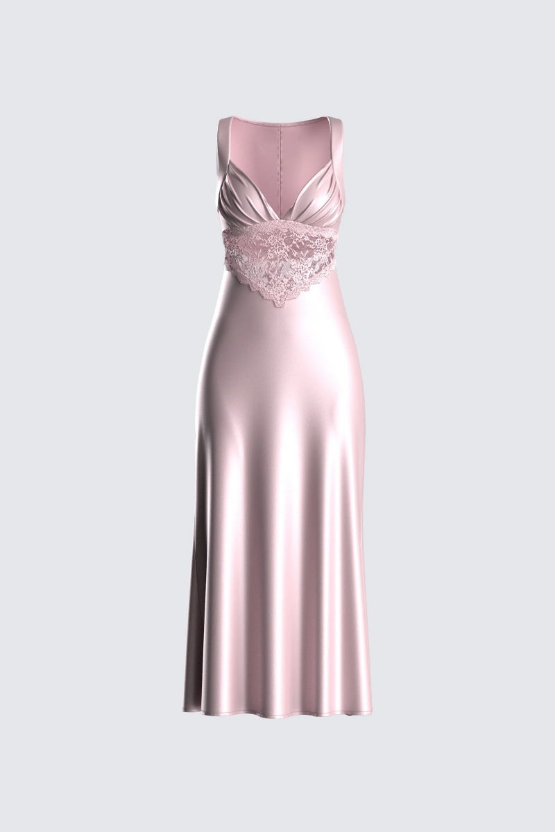 Pink Satin Lace Midi Dress