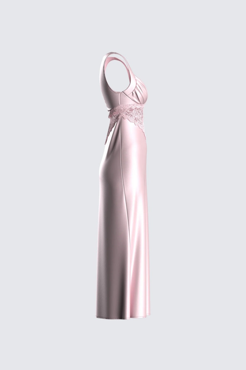 Pink Satin Lace Midi Dress