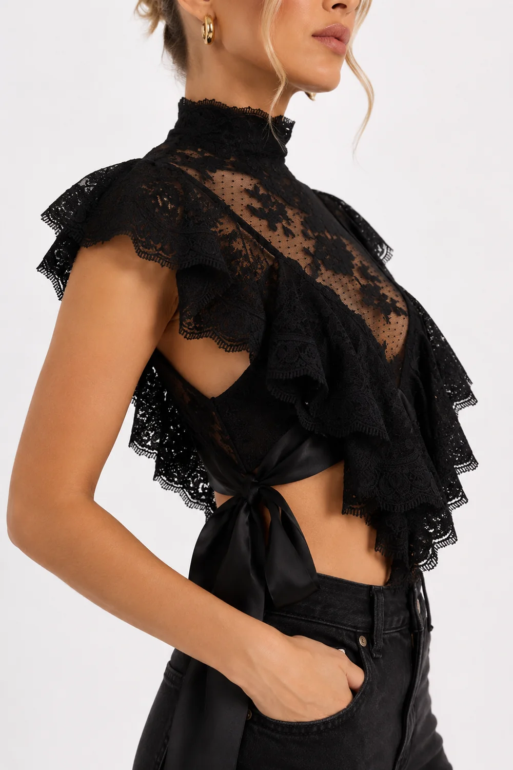 High Neck Ruffled Lace Crop Top