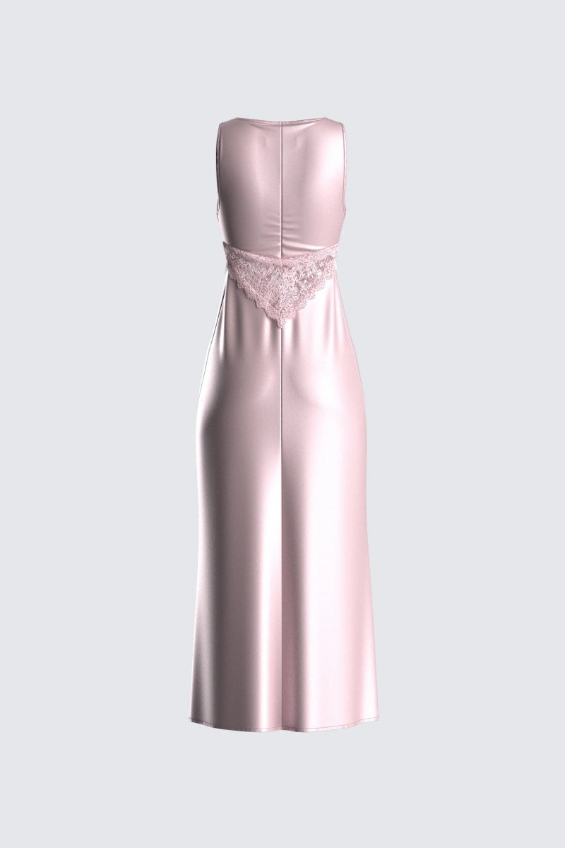 Pink Satin Lace Midi Dress