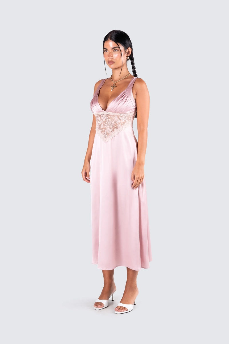 Pink Satin Lace Midi Dress