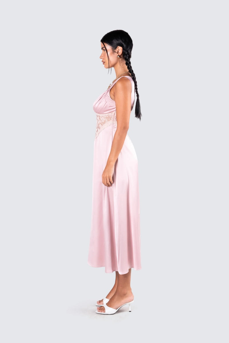 Pink Satin Lace Midi Dress