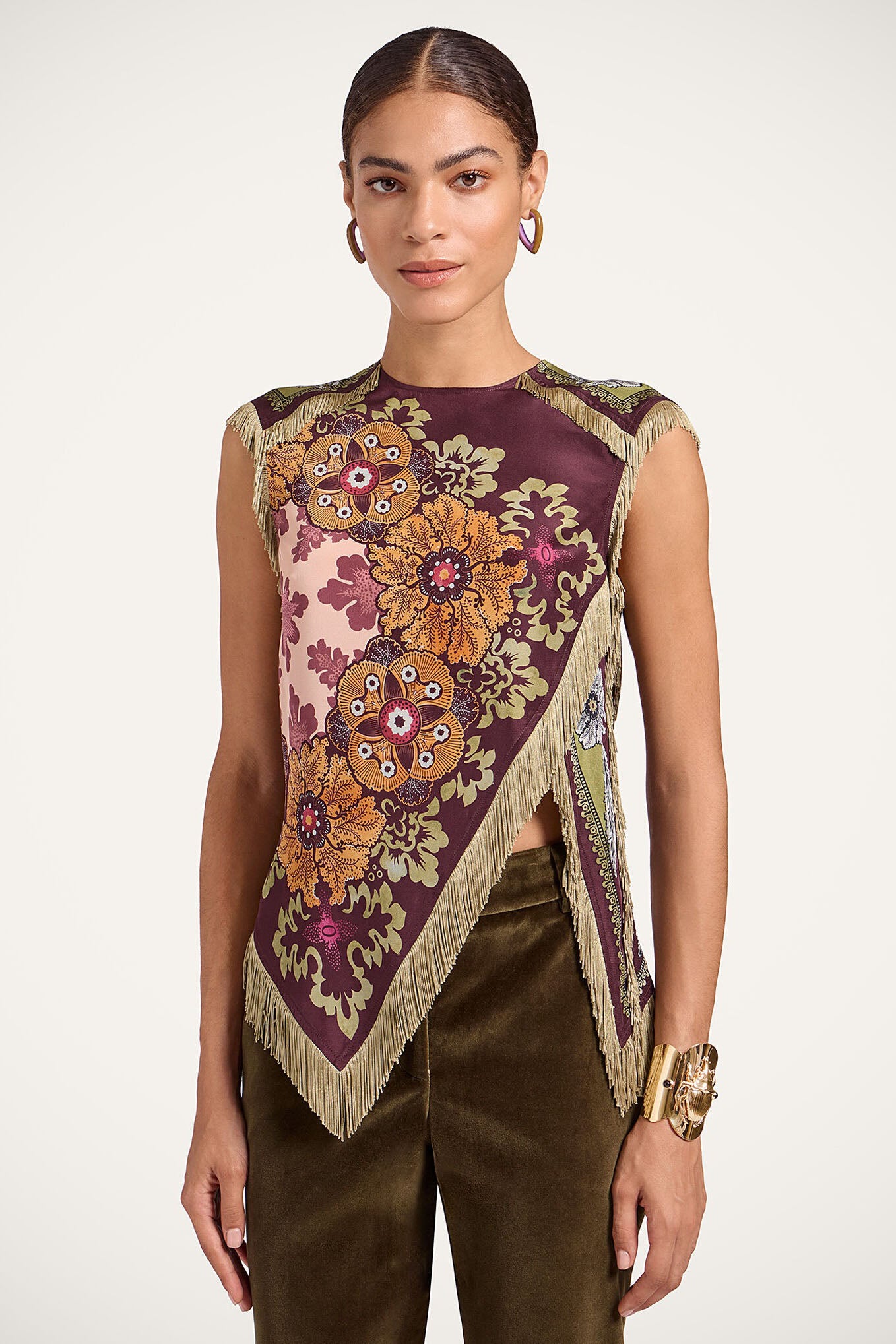 Boheme Blomstret Asymmetrisk Top med Frynser