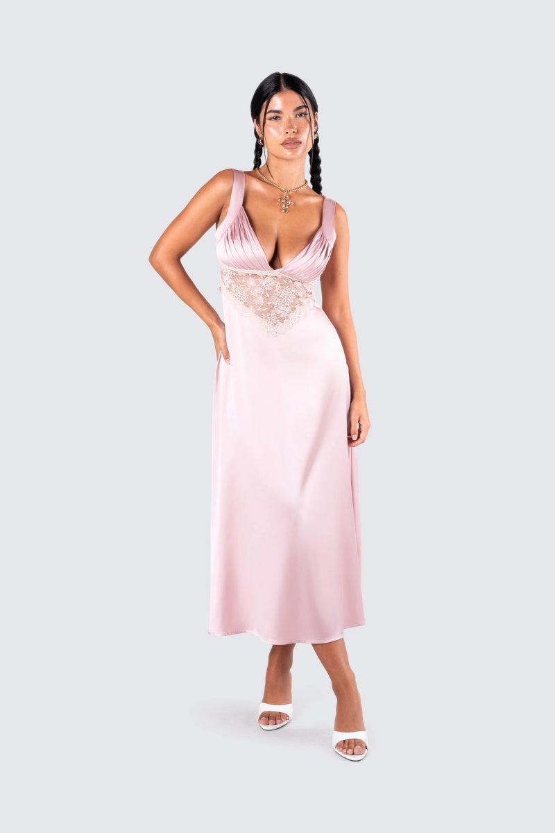 Pink Satin Lace Midi Dress