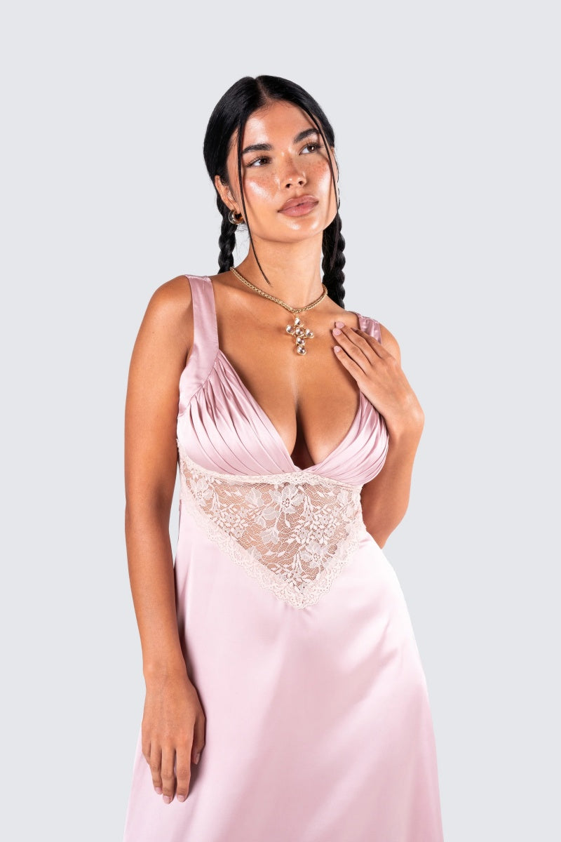 Pink Satin Lace Midi Dress