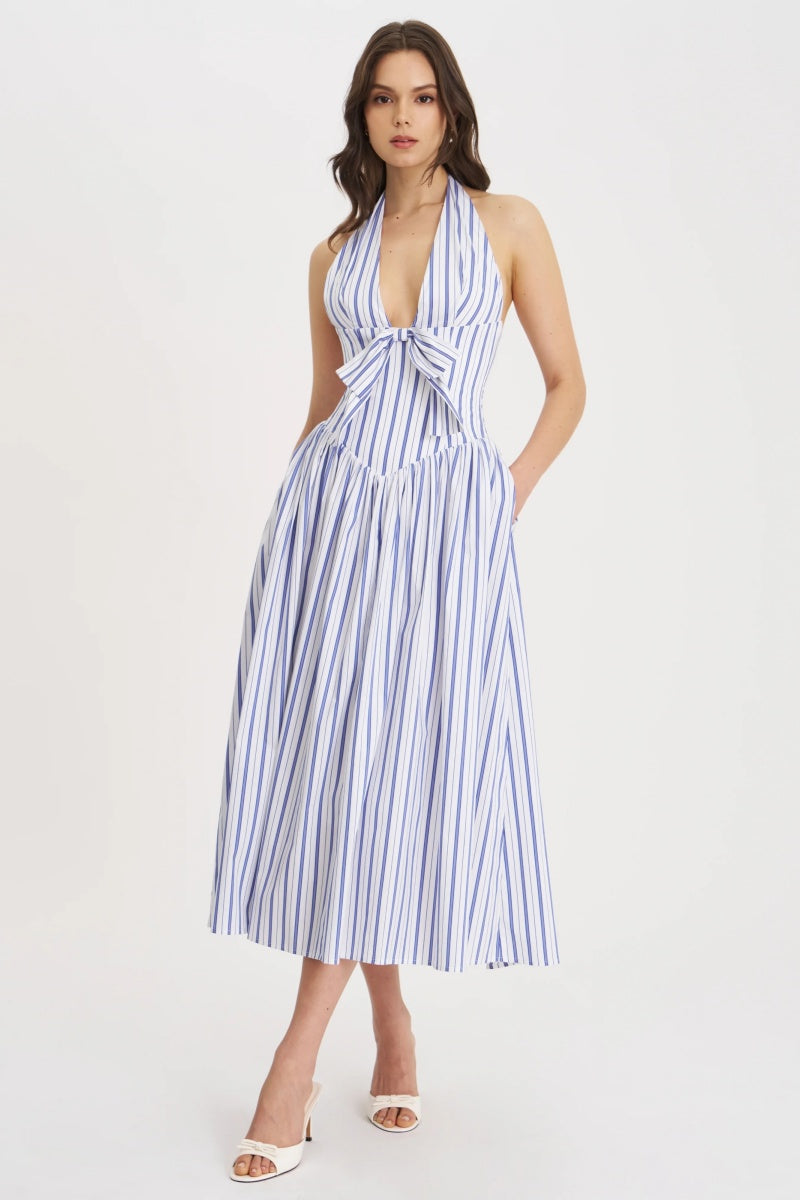 Navy Striped Halter Maxi Dress