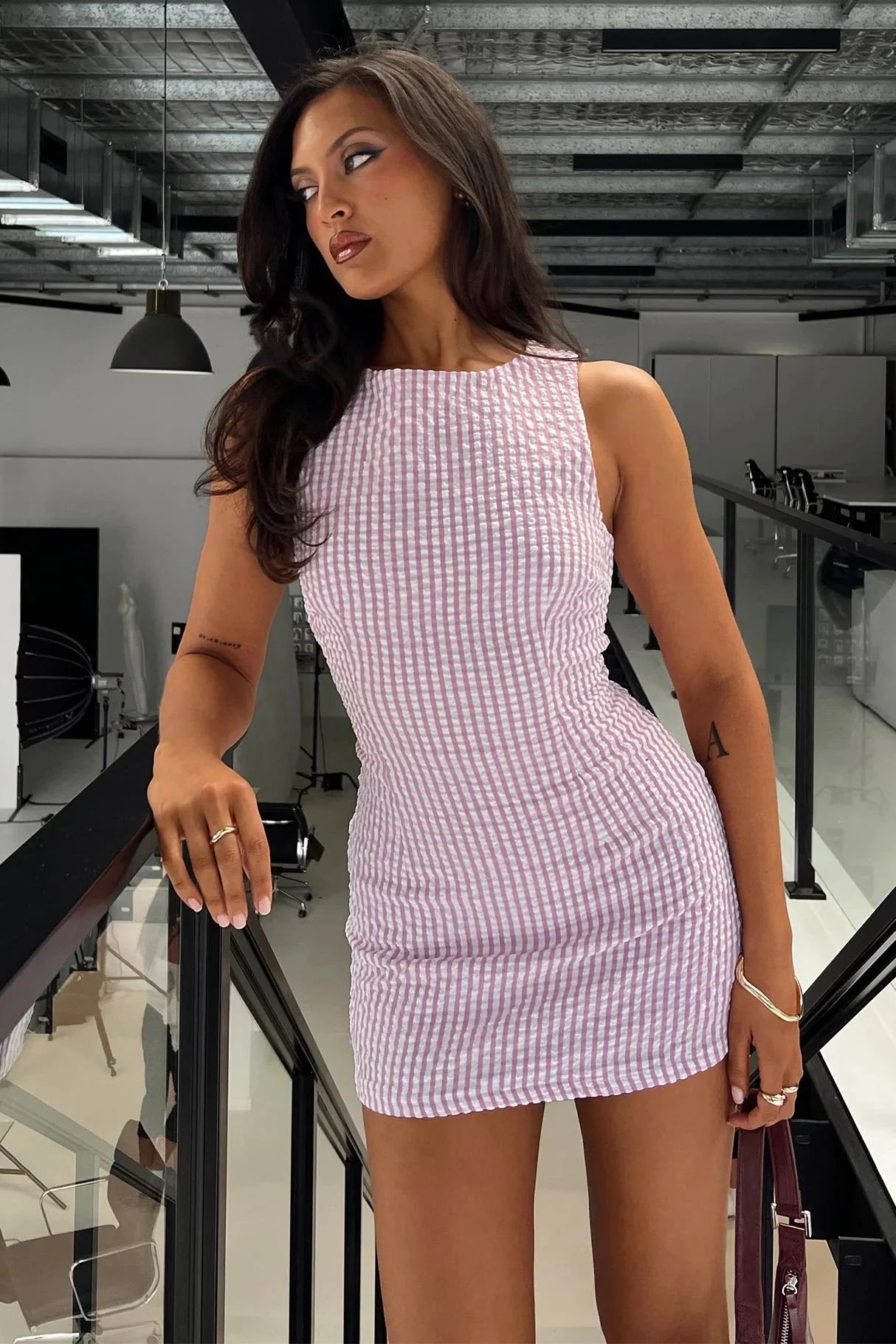 Rosa Gingham ärmellos Mini-Kleid