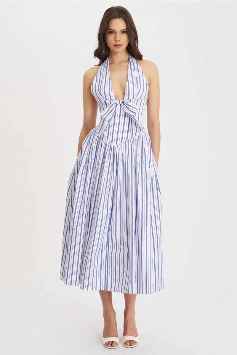 Navy Striped Halter Maxi Dress
