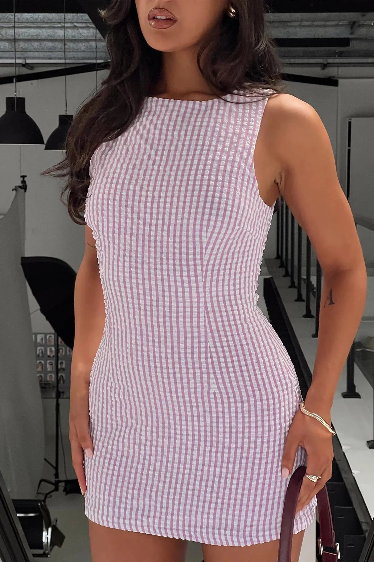 Rosa Gingham ärmellos Mini-Kleid
