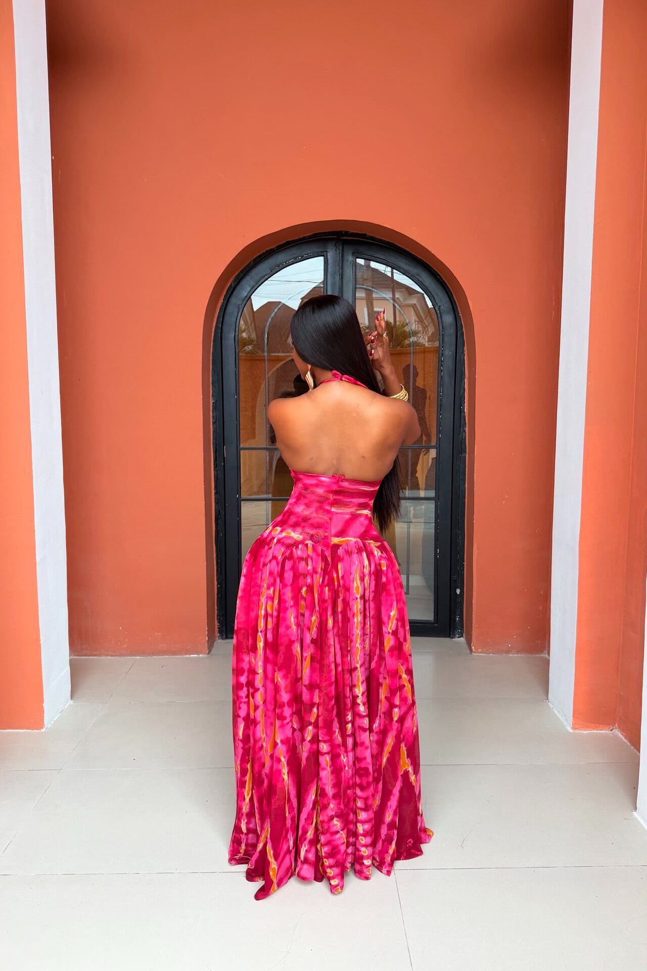 Boho-Red-Carpet Tie-Dye Maxi Dress