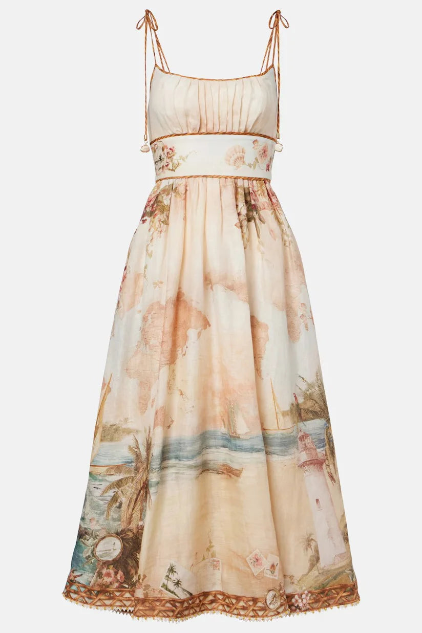Vestido midi multicolor con estampado escénico y tirantes finos