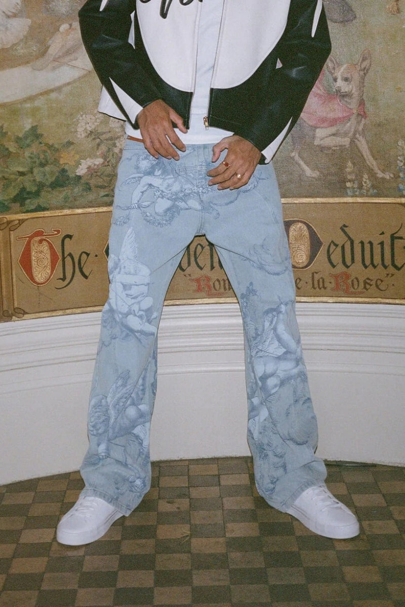 Cupid Print Washed Blue Jeans