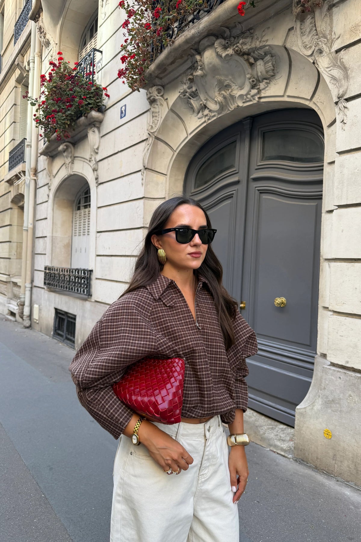 Vintage Plaid Half‑Zip Oversized Jacket
