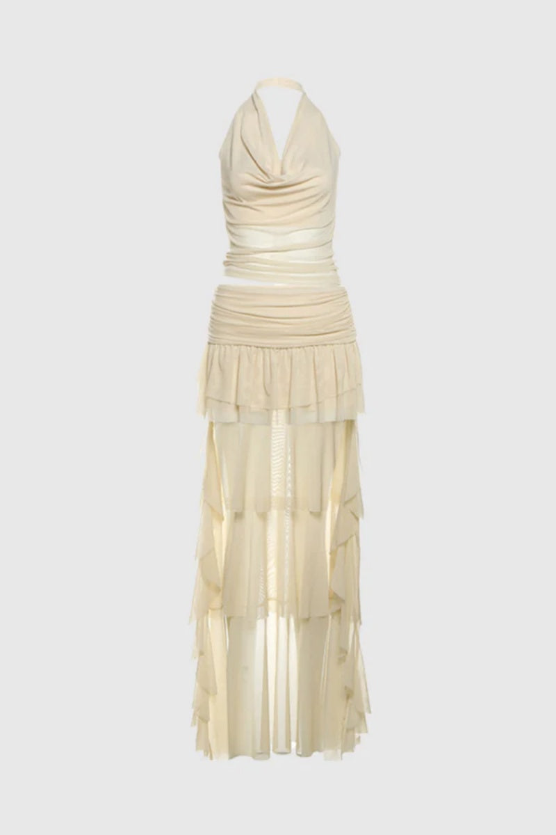 Ruffle Mesh Cowl Neck Skirt Set
