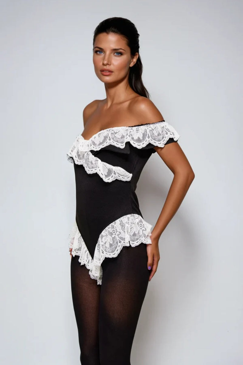 Off-the-shoulder lace crossover bodysuit