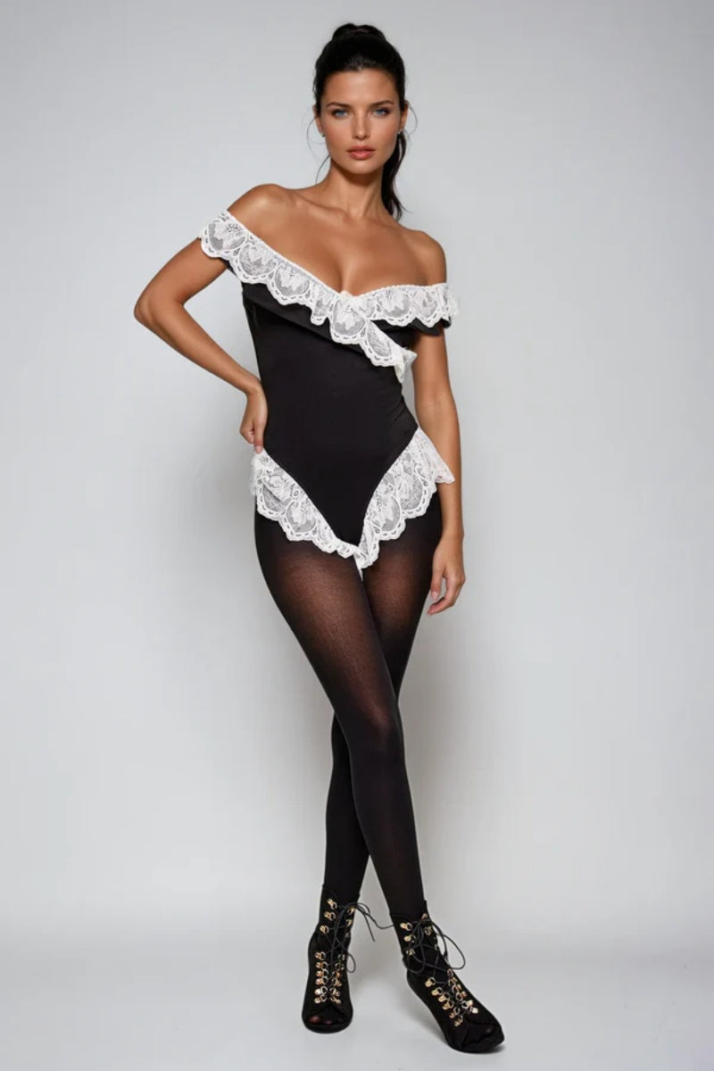 Off-the-shoulder lace crossover bodysuit