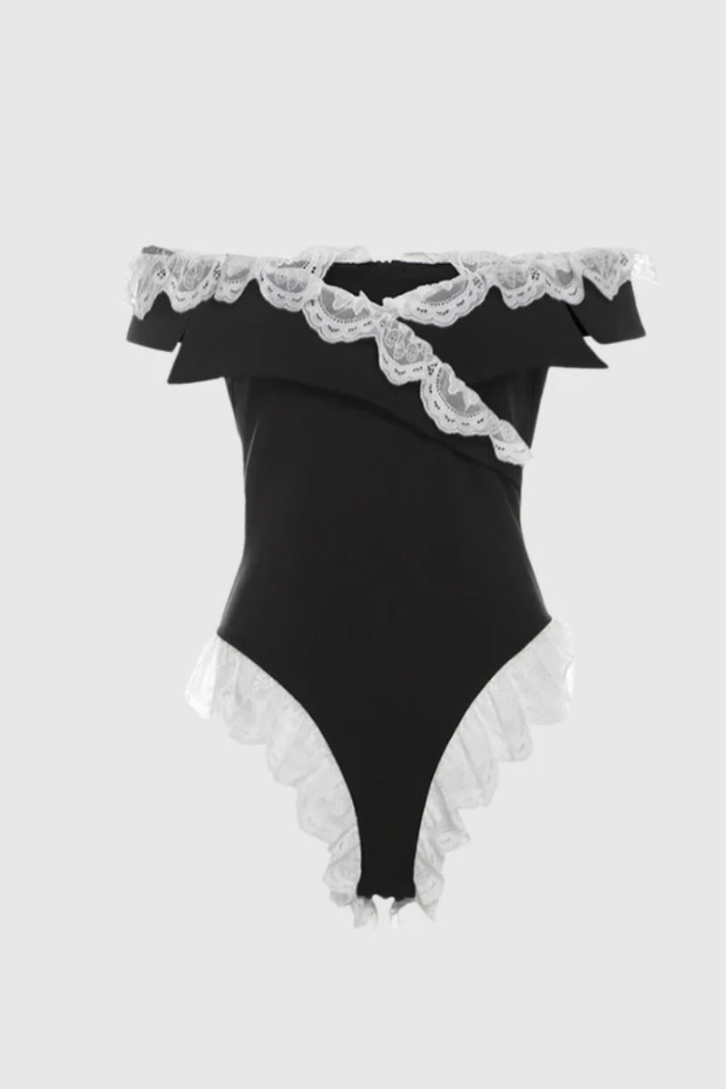 Off-the-shoulder lace crossover bodysuit