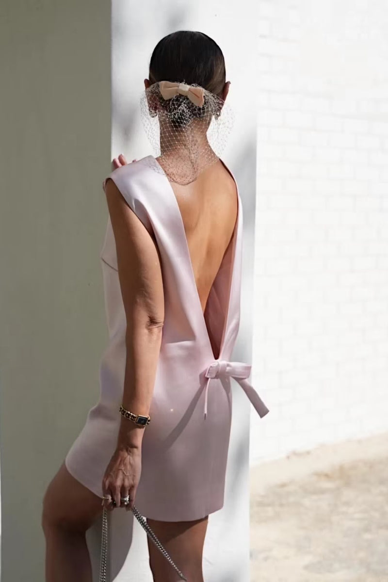 Bow Backless Satin Mini Dress