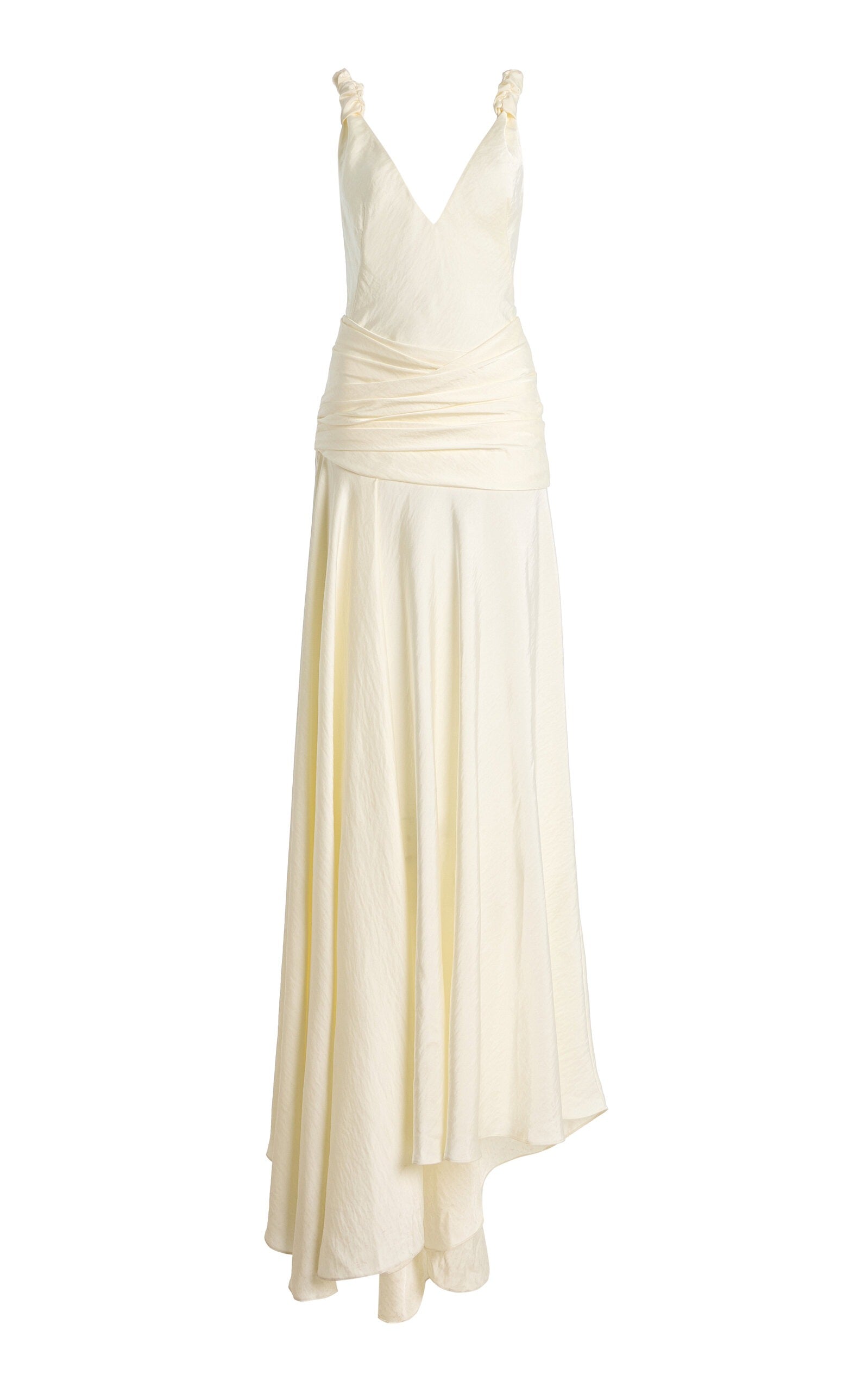 Vestido largo de noche con cintura fruncida y tirantes anudados