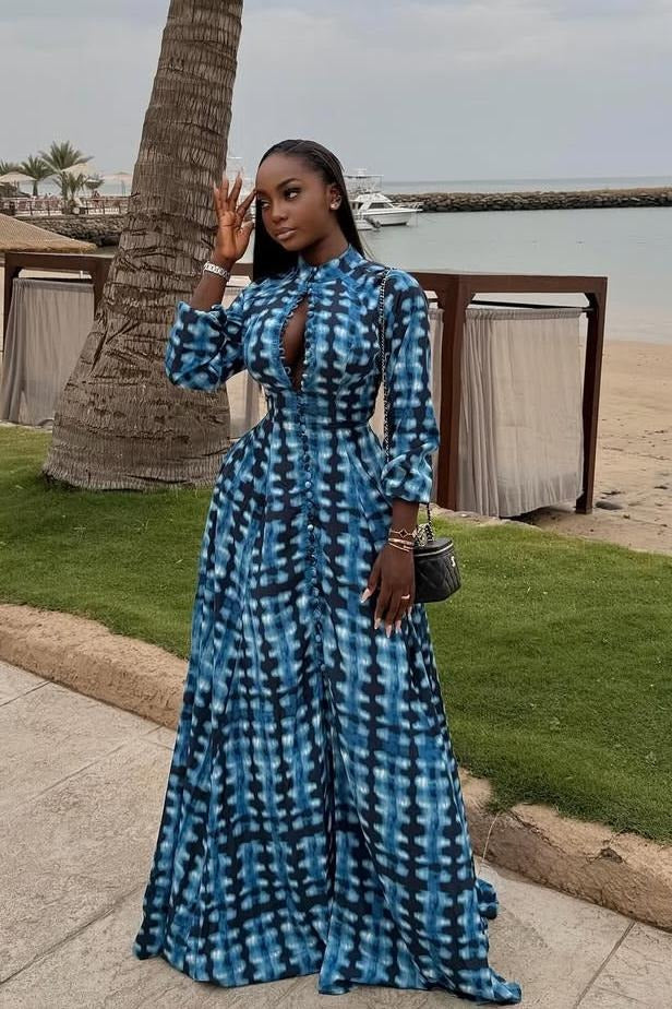 Blue Tie-Dye Button-Front Maxi Dress
