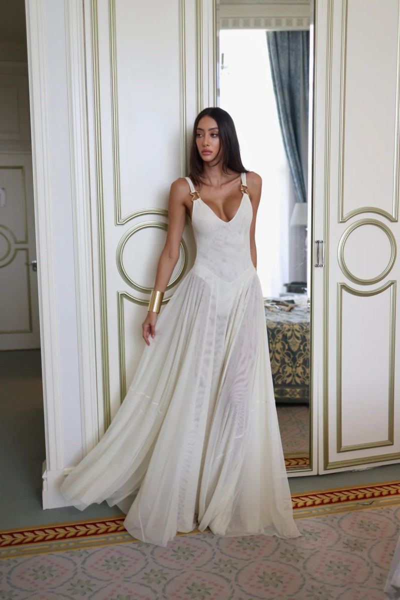 knee length dresses for ladies Mesh Maxi Split Dress with Hollow Deep V-Neckline