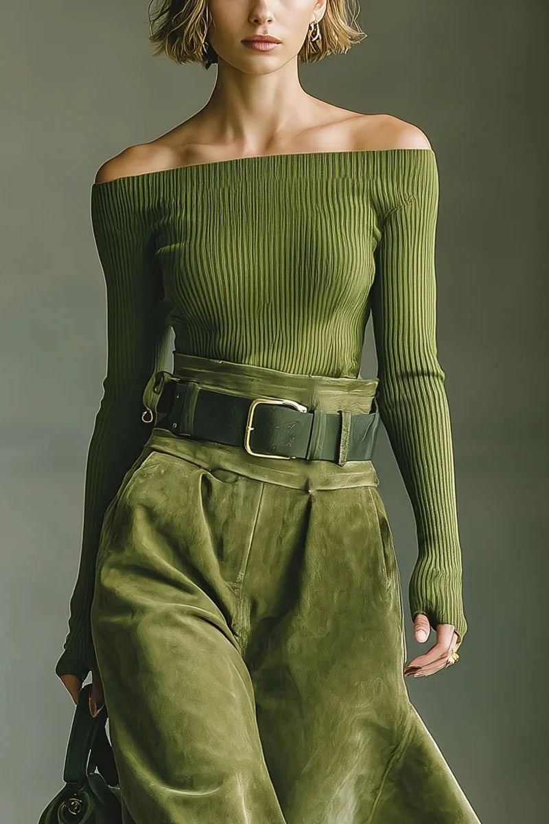 Olive green off-shoulder top and faux suede skirt set(Includes belt)