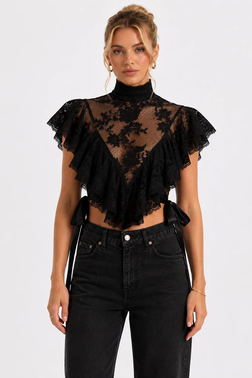 High Neck Ruffled Lace Crop Top