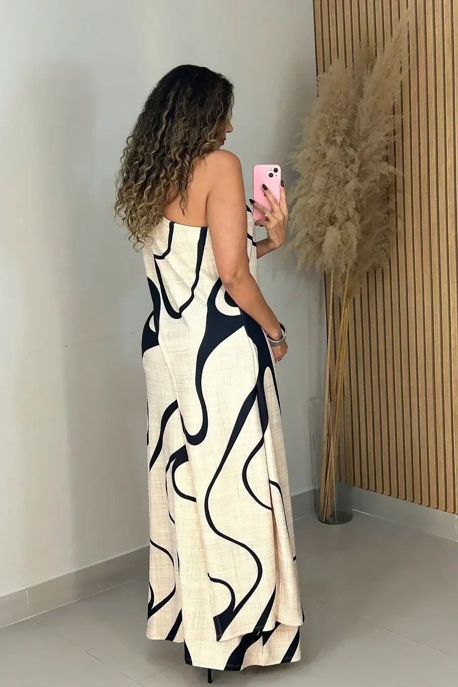 Abstract Wave One-Shoulder Maxi Dress
