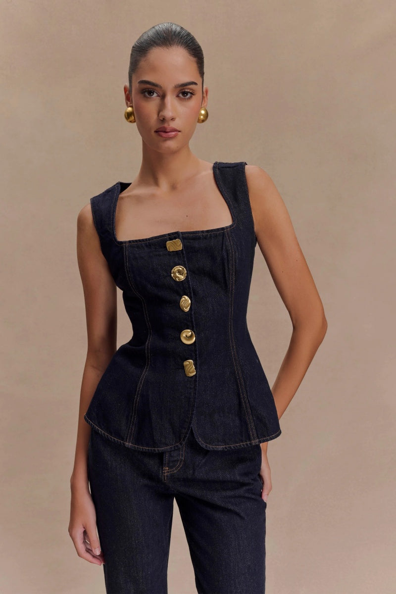 Sleeveless Buttoned Denim Set