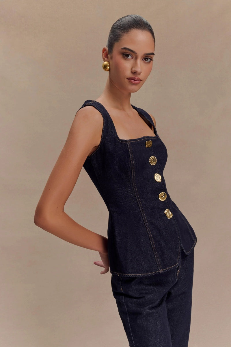 Sleeveless Buttoned Denim Set