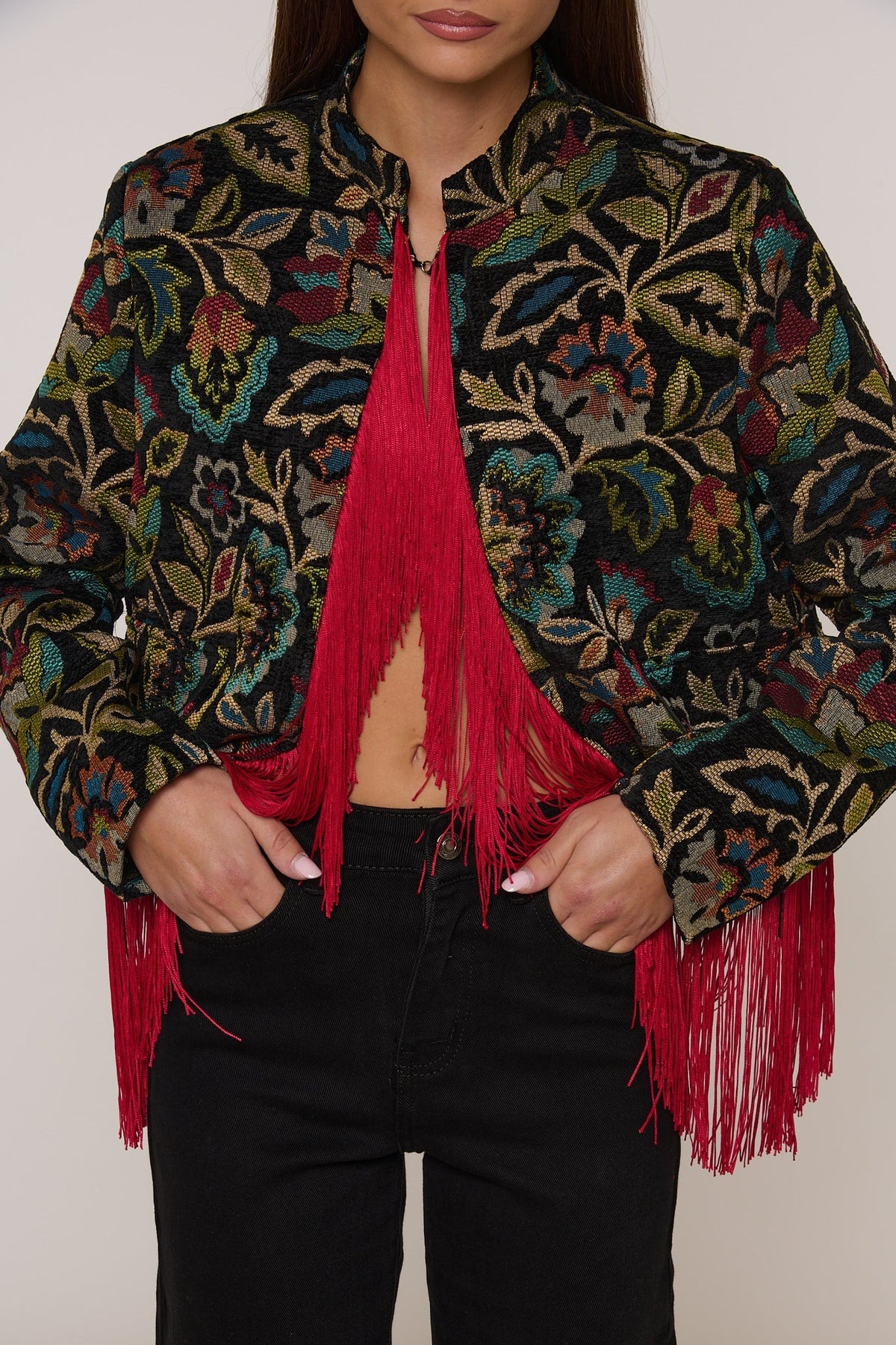 Vintage Floral Red Fringe Stand Collar Short Jacket