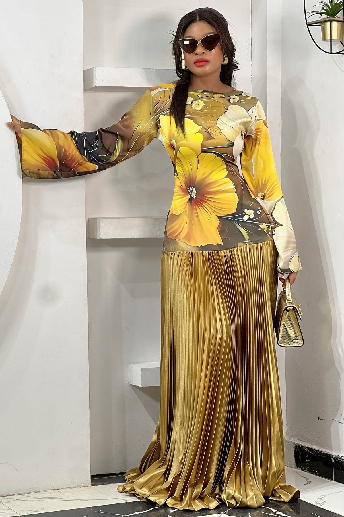 Retro Bell Sleeve Gold Maxi Dress