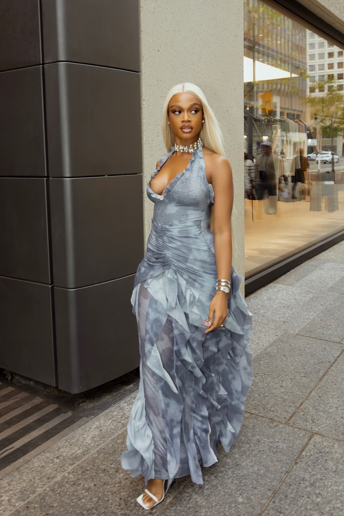 Misty Blue Pleated Halter Flowing Maxi Dress