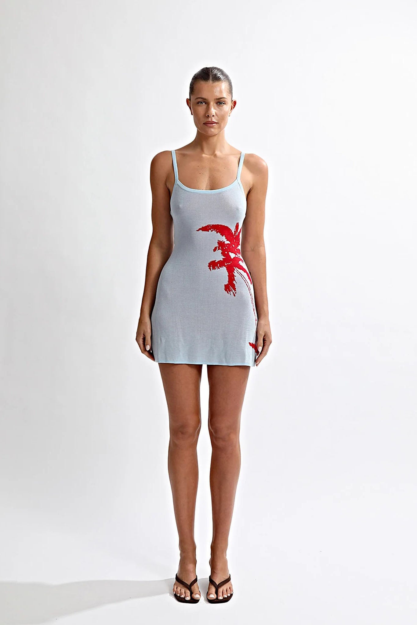 Vestido Mini de Malha com Palmeira Azul Céu