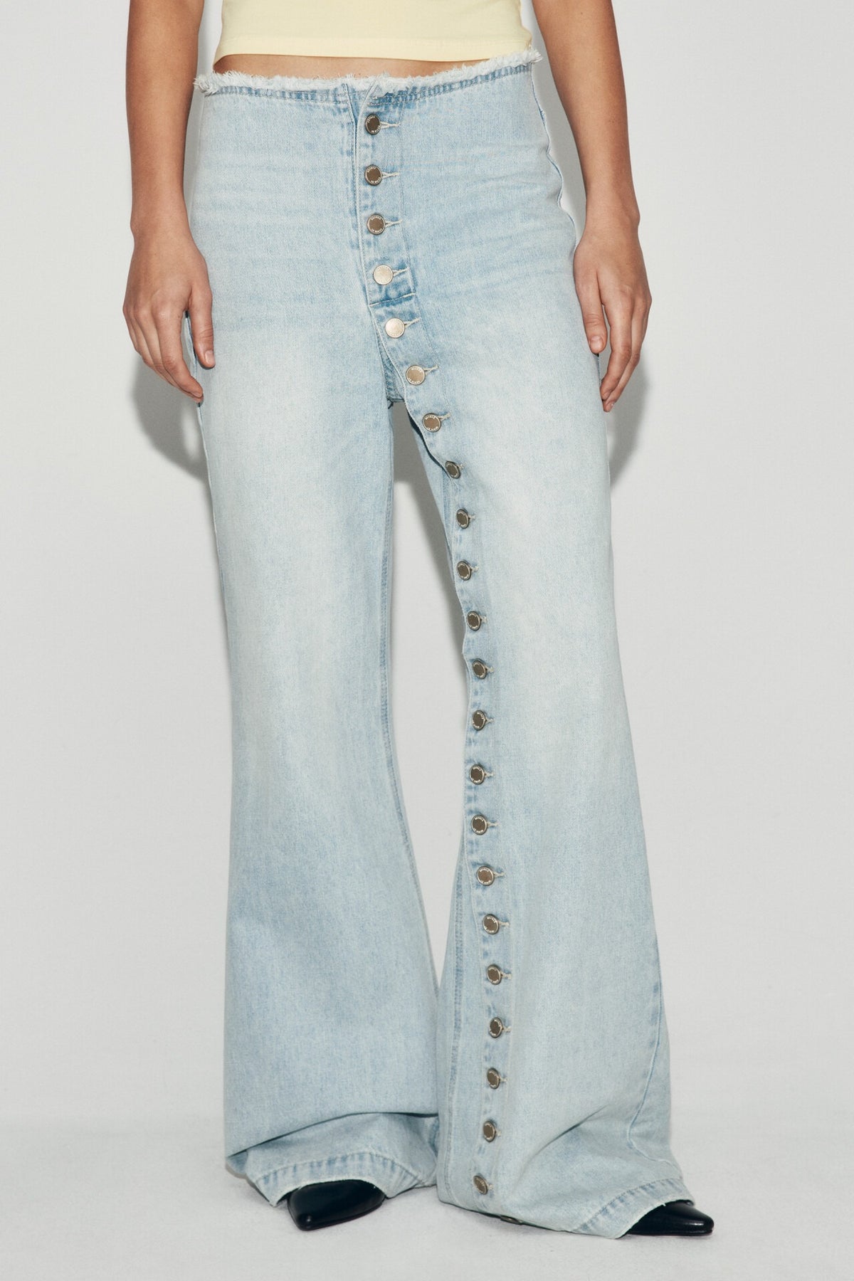 Side Button Light Wash Flared Pants