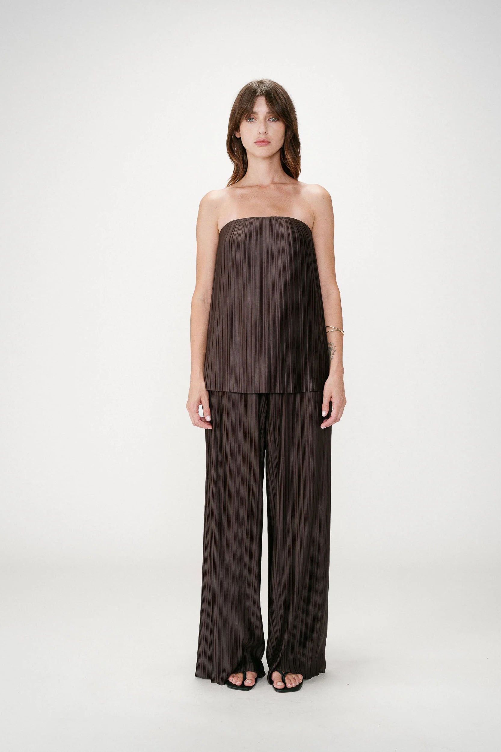Coffee Brown Gloss Pleated Resort Pants Set