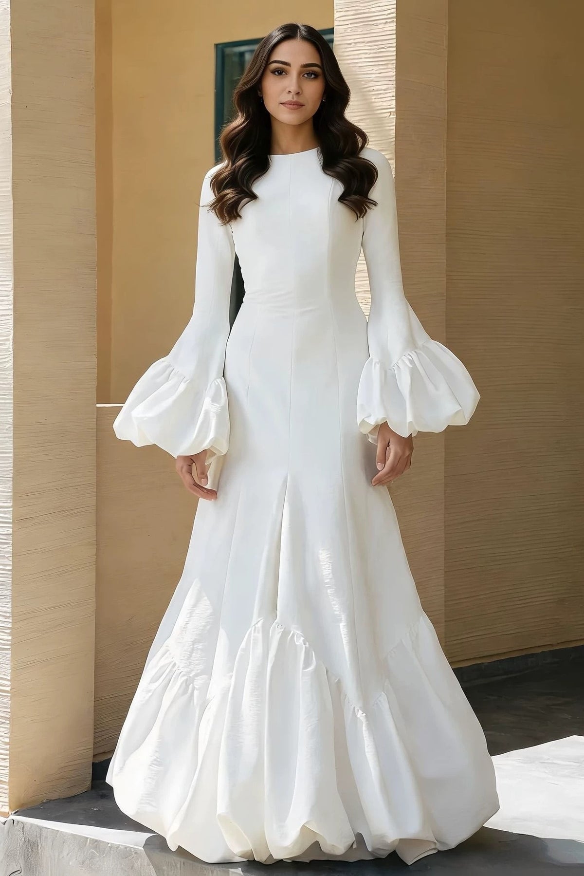 Robe longue bleu ciel à empiècement en dentelle et décolleté en V profond