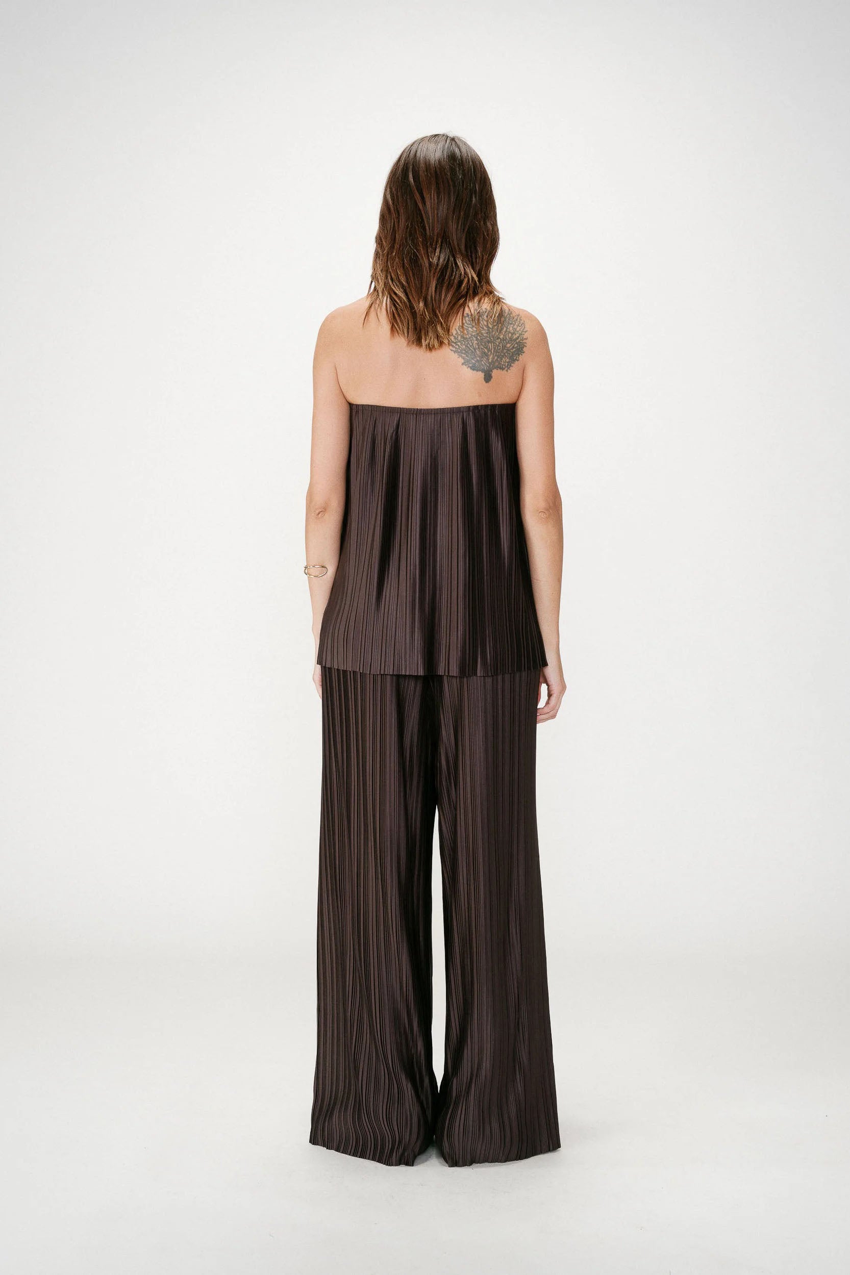 Coffee Brown Gloss Pleated Resort Pants Set