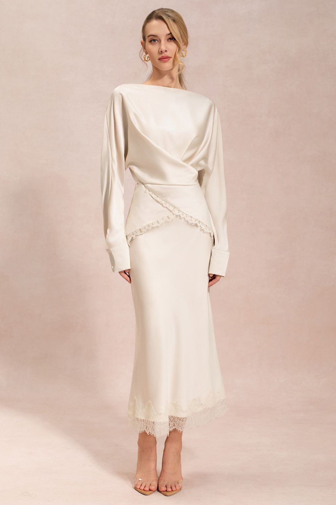 Ivory Satin Wrap-Effect Co-ord Skirt Set