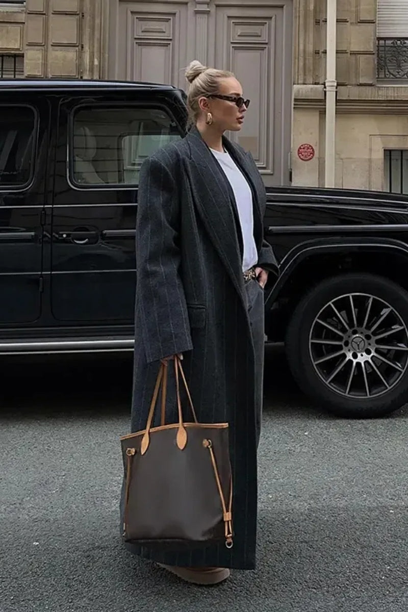 Lapel Striped Oversize Full Sleeve Long Coat