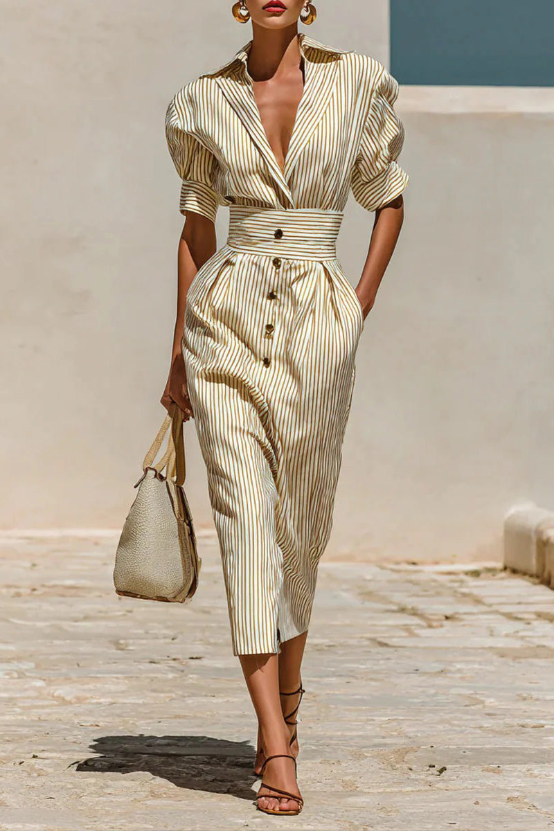 Striped Lapel Short Sleeve Waist Midi Dress