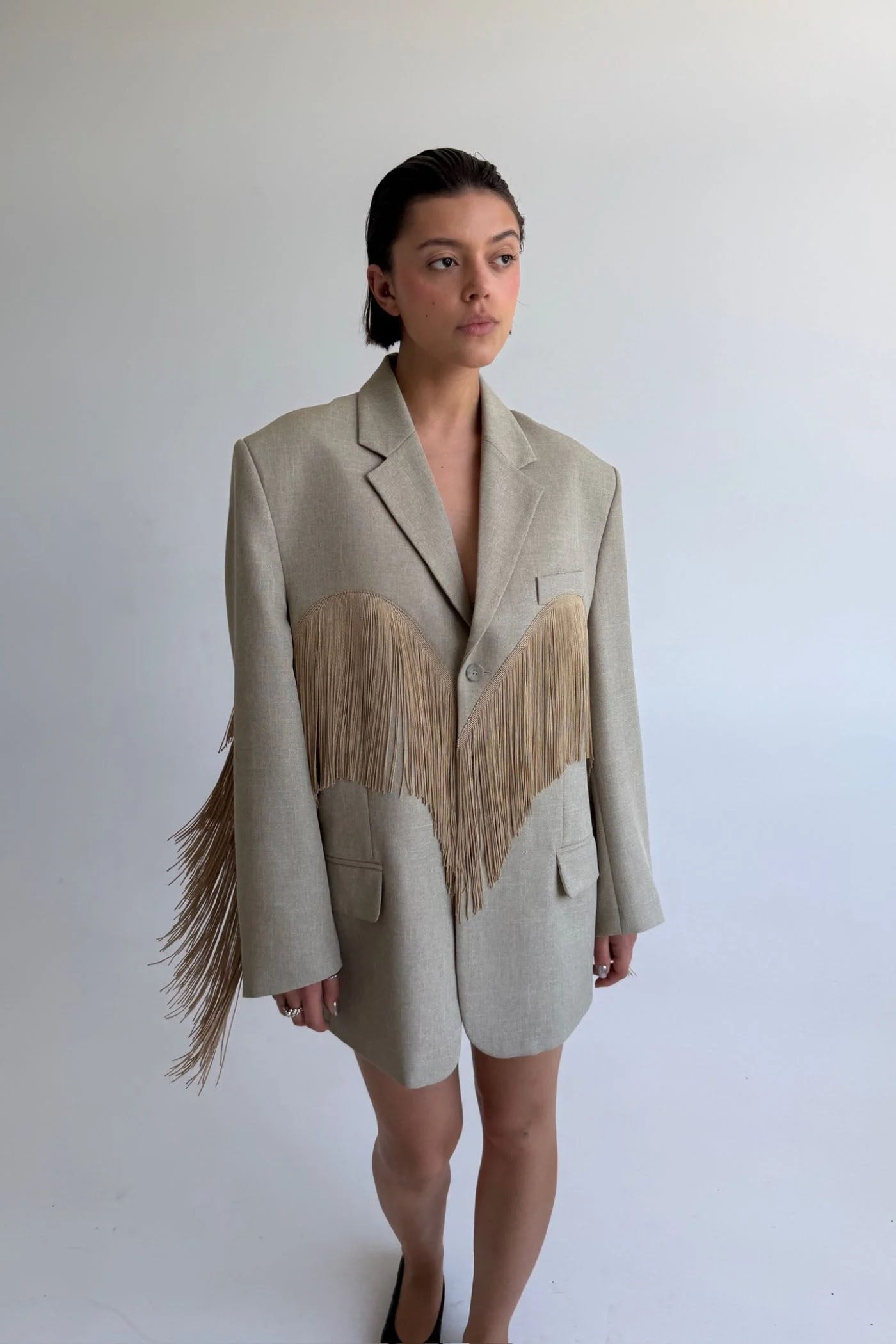 Veste blazer cœur à franges pistache