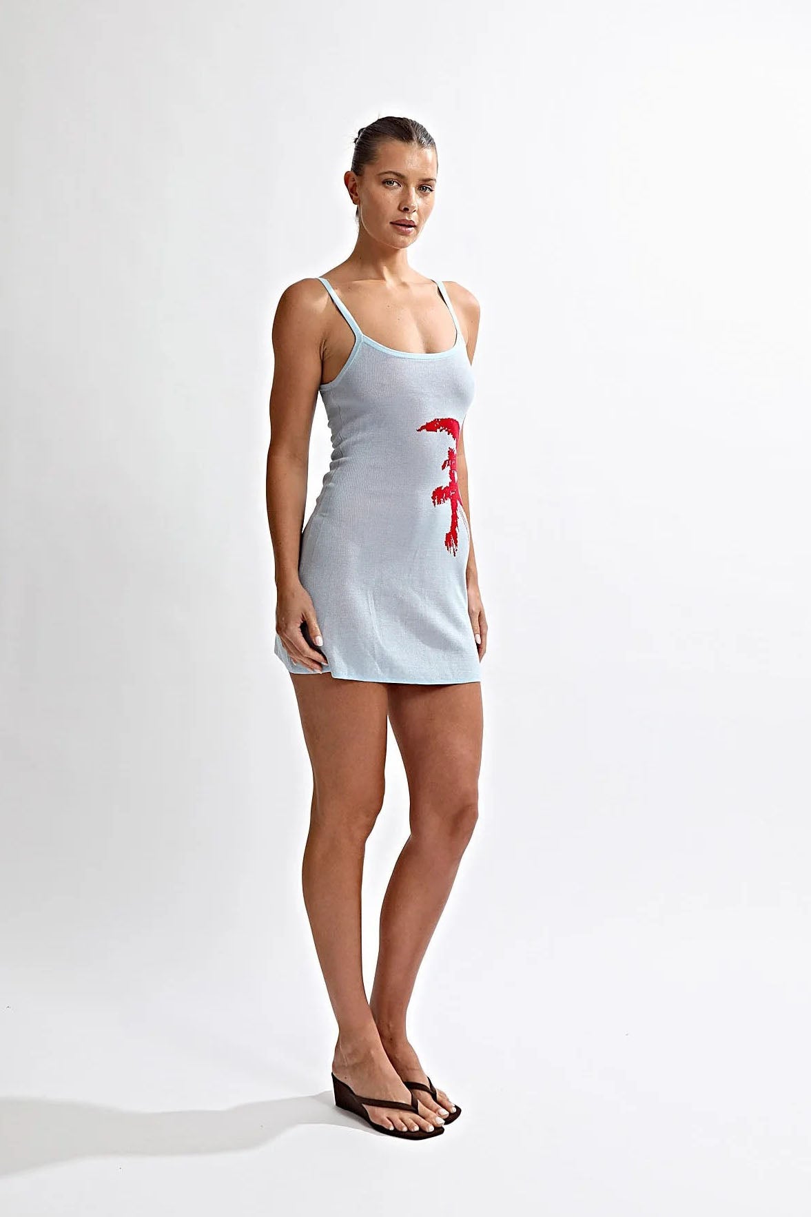 Vestido Mini de Malha com Palmeira Azul Céu