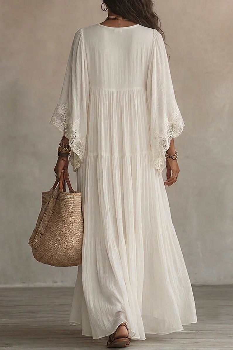 Weißes Spitzen-Maxikleid aus Chiffon mit V-Ausschnitt und Fledermausärmeln