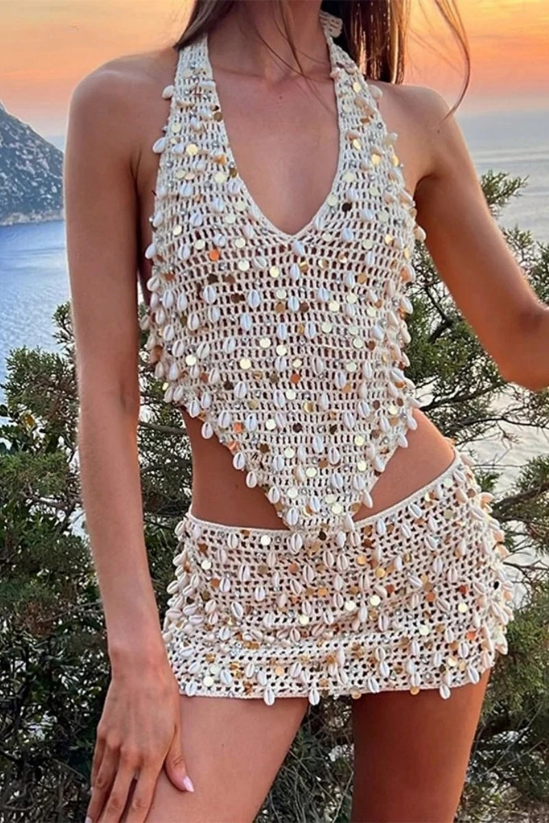 Sexy Hollow Sequin Knit Skirt Set