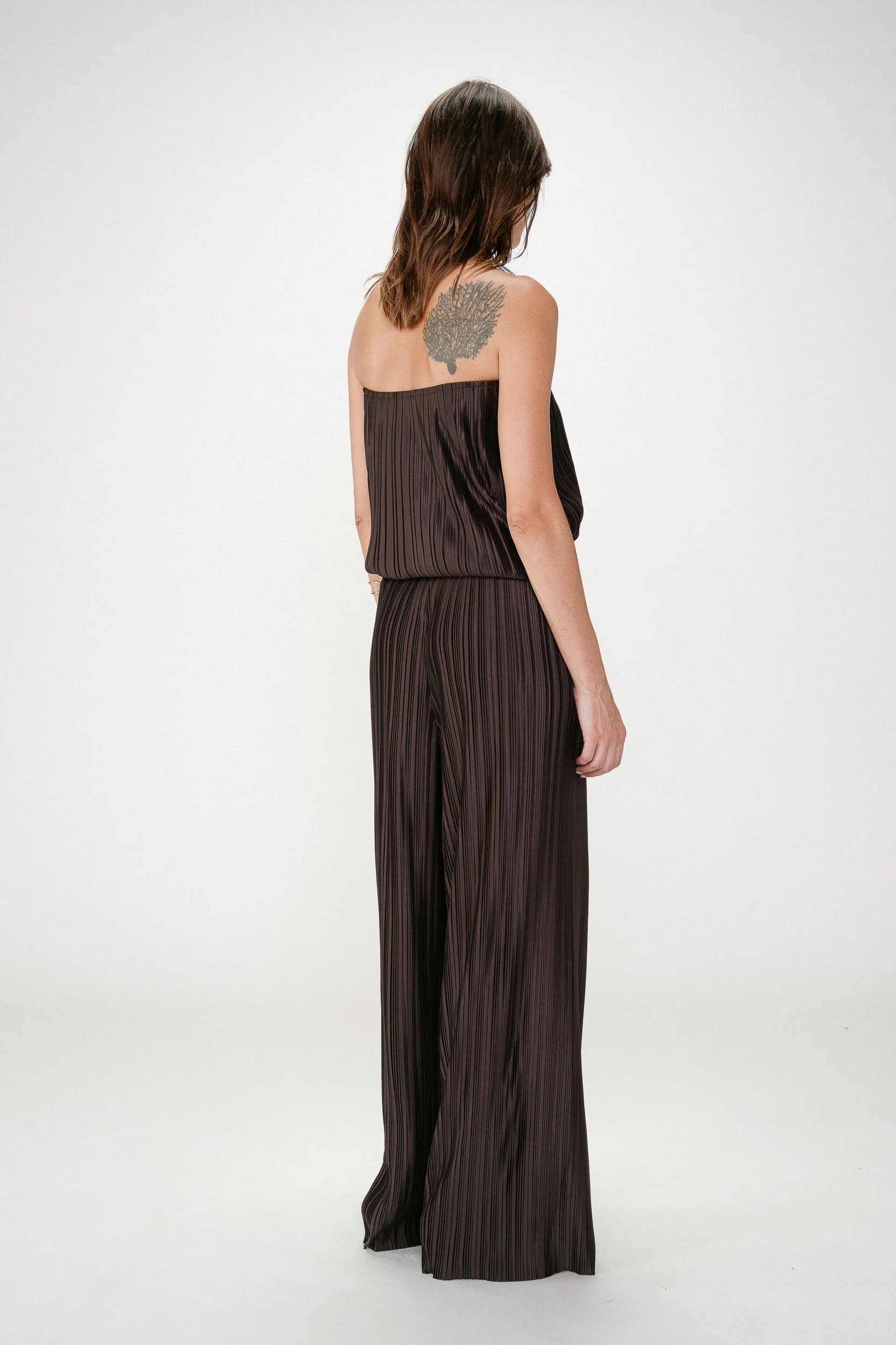Coffee Brown Gloss Pleated Resort Pants Set
